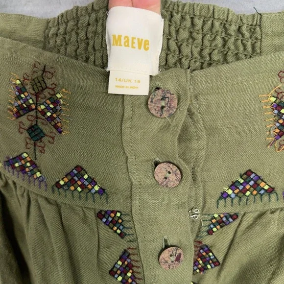 Maeve Skirt Womens 14 Green Embroidered Button A-Line Linen Blend Boho Fairy - Picture 5 of 15